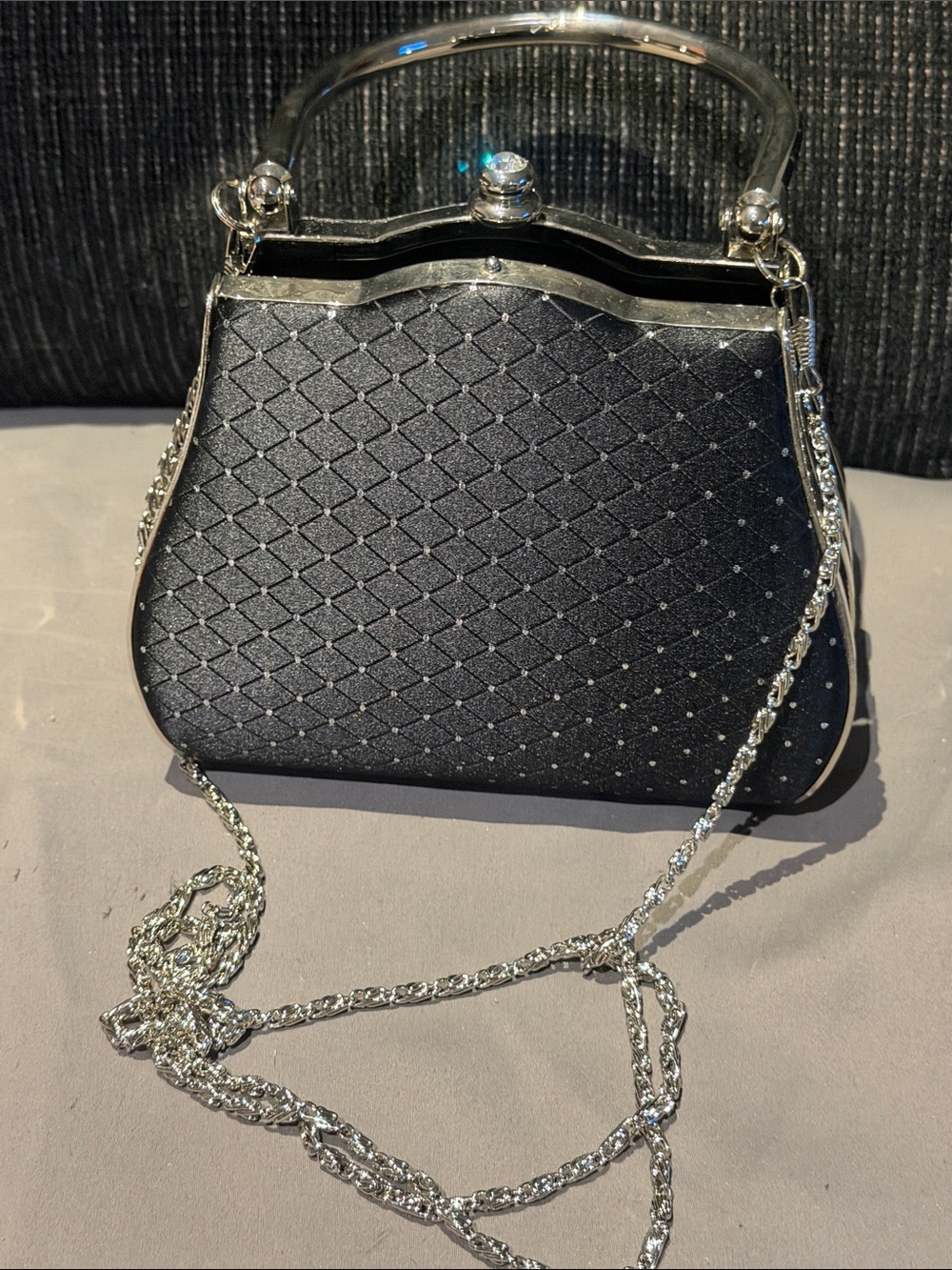 Evening Quilted Black Handbag with Silver Chain